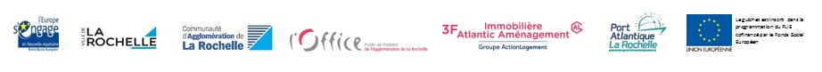 Logos des partenaires du guichet unique : Union européenne, ville de La Rochelle, communauté d'agglomération de La Rochelle, office public de l'habitat, IAD, Port Atlantique La Rochelle