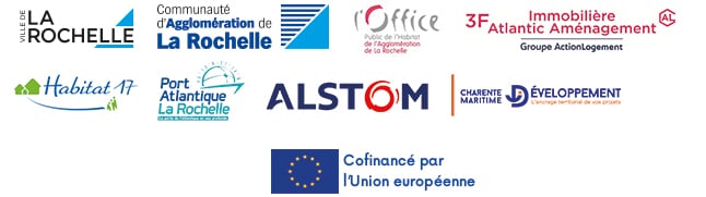 Logos des partenaires du guichet unique : Union européenne, ville de La Rochelle, communauté d'agglomération de La Rochelle, office public de l'habitat, IAD, Port Atlantique La Rochelle, Alstom, Charente-Maritime Développement
