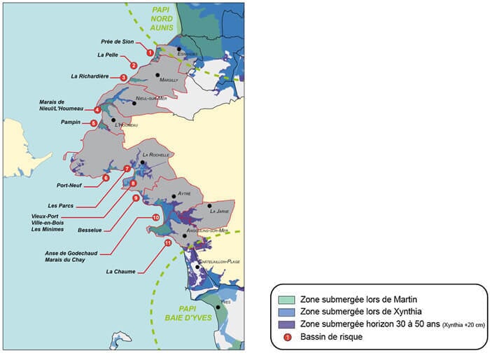 Carte des zones submersibles sur le littoral charentais