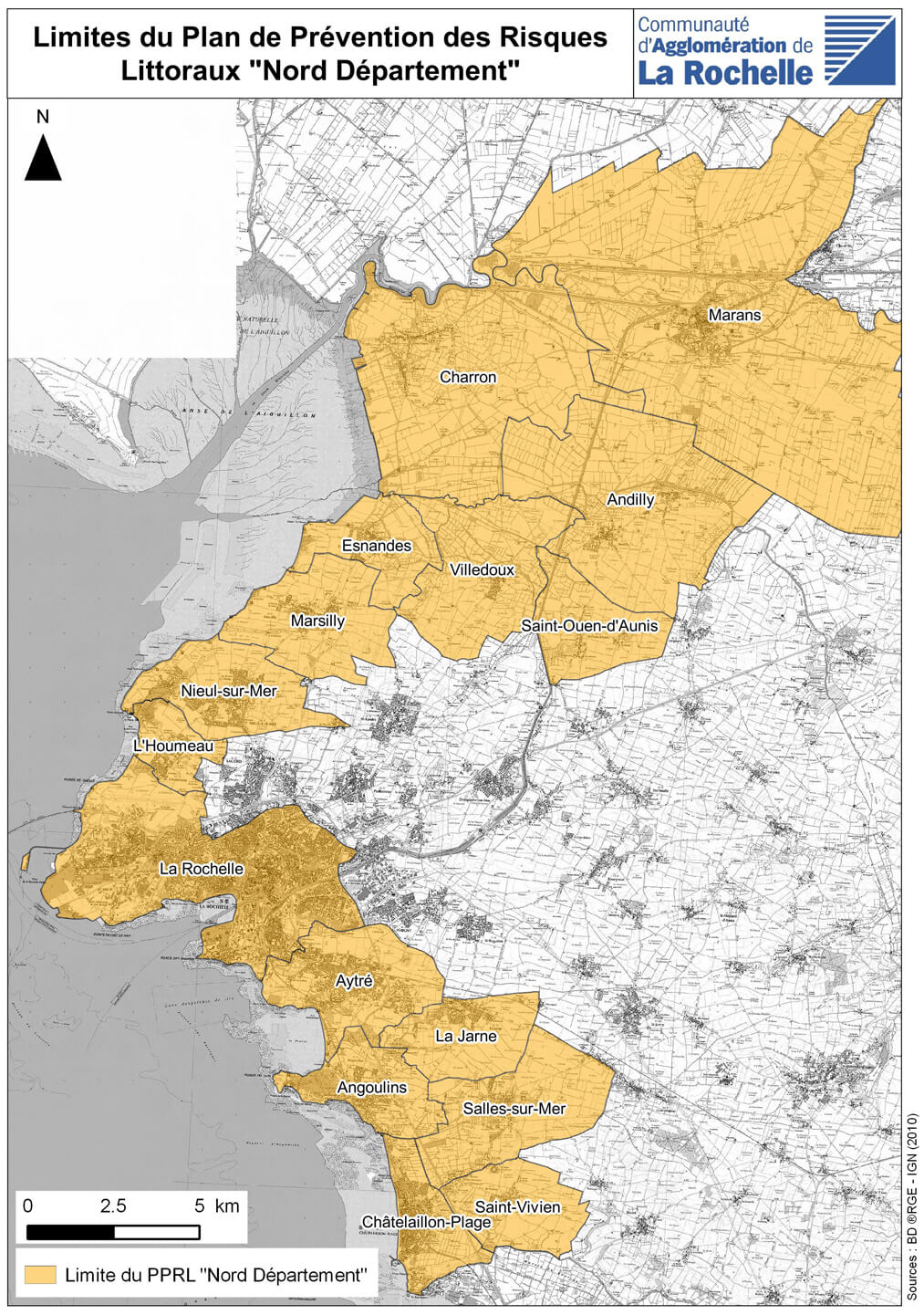 Carte des communes concernées par le PPRL. Du nord au sud : Marans, Charron, Andilly, Esnandes, Villedoux, Saint-Ouen d'Aunis, Marsilly, Nieul-sur-Mer, L'Houmeau, La Rochelle, Aytré, Angoulins, La Jarne, Salles-sur-Mer
