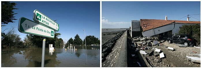 Exemples de dégâts dus à une submersion marine : inondations en ville d'une part, érosion côtière et destruction de bâtiments d'autre part