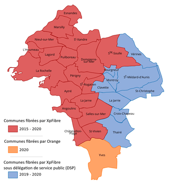 Communes en rouge : La Rochelle, L'Houmeau, Lagord, Nieul sur mer, Marsilly, Esnandes, Puilboreau, Saint Xandre, Périgny, Dompierre sur Mer, Sainte Soulle, Saint Rogation, Aytré, La Jarne, Angoulins, Salles sur mer, Chatelaillon Plage, Saint Vivien. En orange: Yves. En bleu : Vérinnes, Bourgneuf, Montroy, Clavette, Saint Médard d'aunis, Saint Christophe, La Jarrie, Croix chapeau, Thairé