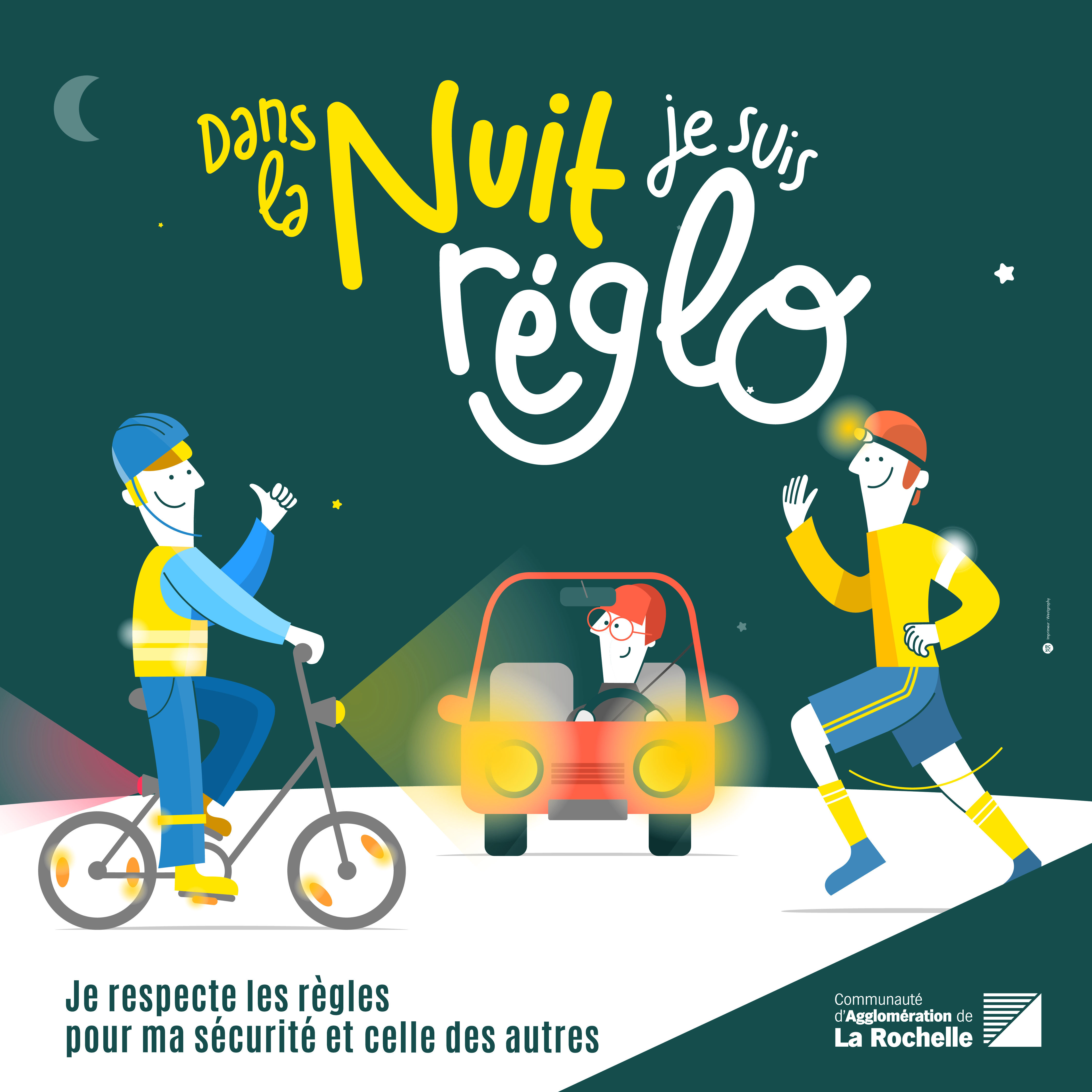 Personnages en situation la nuit : cycliste, piéton, auto