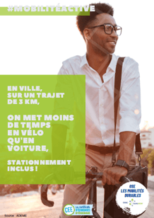 Poster "Mobilité active" : sur un trajet de 3 km, on met moins de temps en vélo qu'en voiture, stationnement inclus !