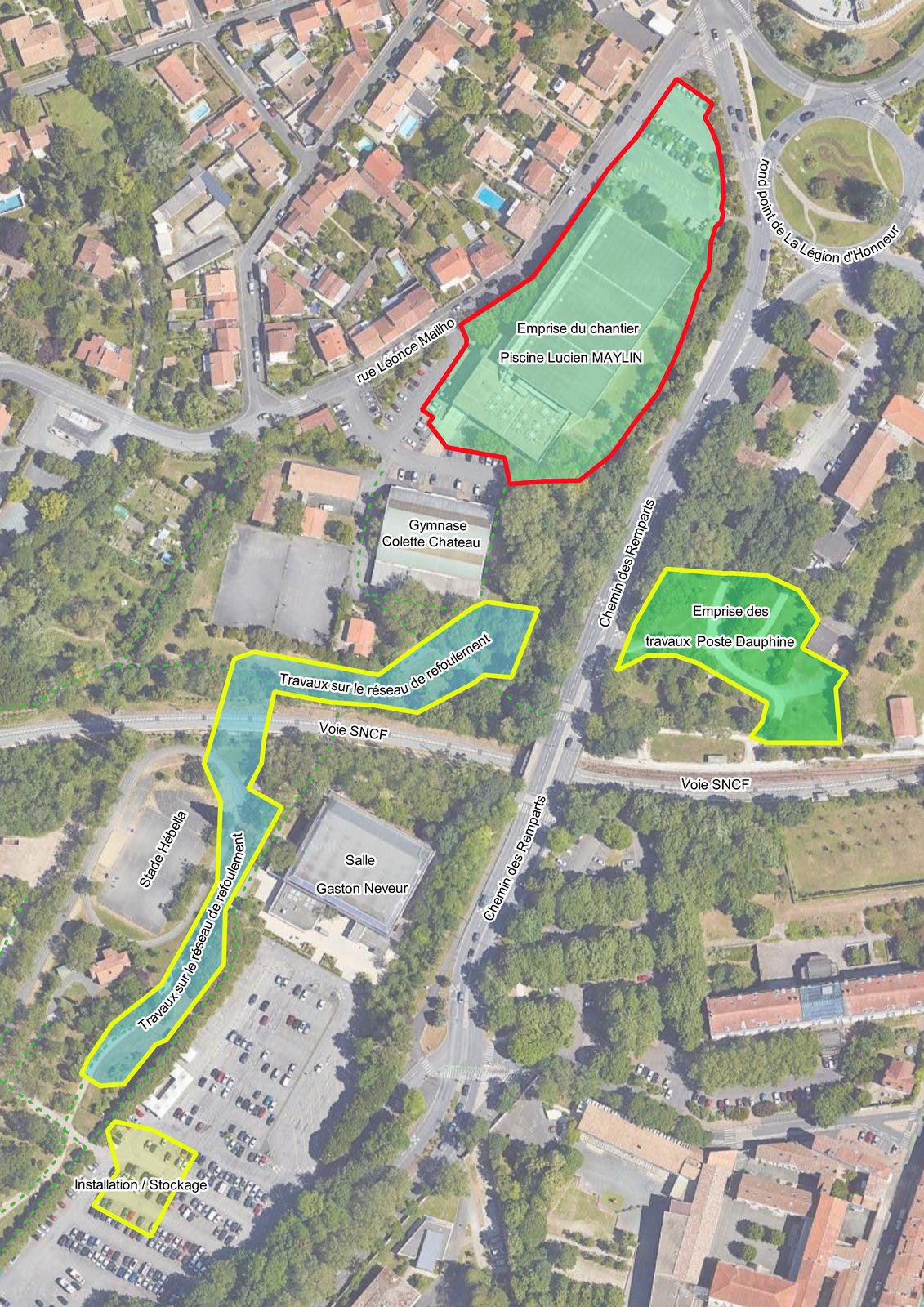Emprise des travaux Porte Dauphine et Piscine Lucien Maylin juin 2025