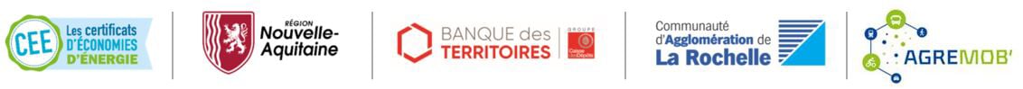 Logos des partenaires et financeurs : Certificats D'Economie d'Energie (CEE), Région Nouvelle-Aquitaine, Banque des Territoires, Communauté d'agglomération de La Rochelle, Agremob
