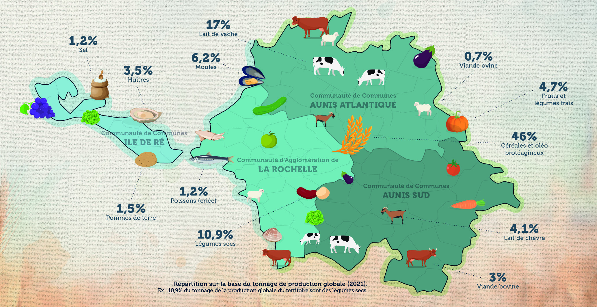 Illustration des principales productions du territoire : 46% céréales et oléo protéagineux, 17% lait de vache, 10,9% légumes secs, 6,2% moules, 4,7% fruits et légumes frais, 4,1% lait de chèvre, 3,5% huîtres, 3% viande bovine, 1,5% pommes de terre, 1,2% sel, 1,2% poissons (criée), 0,7% viande ovine
