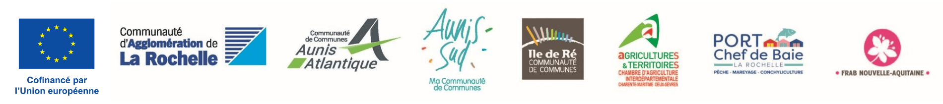 Logos des partenaires du Plan Alimentaire de Territoire : Union Européenne, Communauté d'agglomération de La Rochelle, Communauté de communes Aunis Atlantique, Communauté de communes Aunis Sud, Communauté de communes Ile de Ré, Chambre d'agriculture Charente Maritime, Port Chef de Baie, Bio Nouvelle-Aquitaine