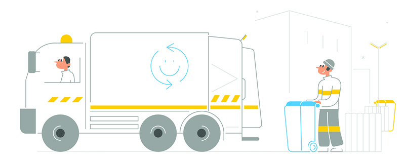 illustration de collecte de déchet avec un camion et un bac de déchet