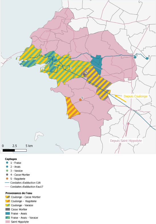 Carte de la provenance de l'eau potable sur le territoire en fonction des captages : Fraise, Anais, Varaize, Casse-Mortier, Ragoterie