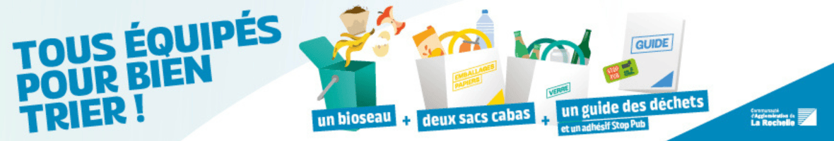 Tous équipés pour bien trier ! un bioseau + deux sacs cabas + un guide des déchets et un adhésif Stop Pub