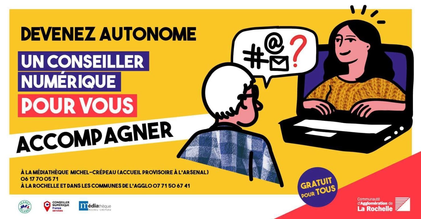 Affiche de promotion des conseillers numériques : devenez autonome pour vos démarches sur internet et maîtrisez vos appareils.