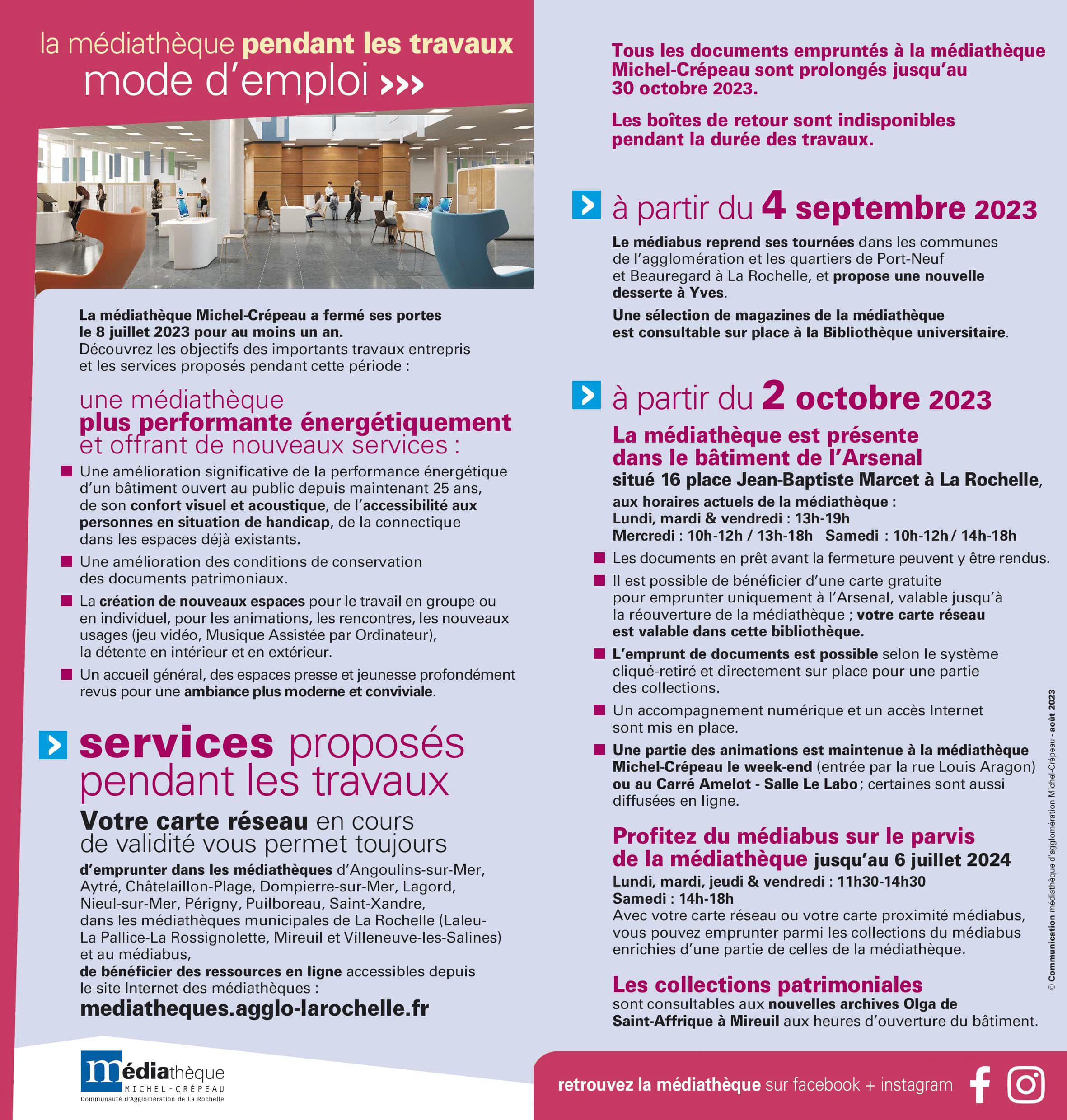 Brochure mode d'emploi de la médiathèque pendant les travauux, de septembre 2023 à juillet 2024