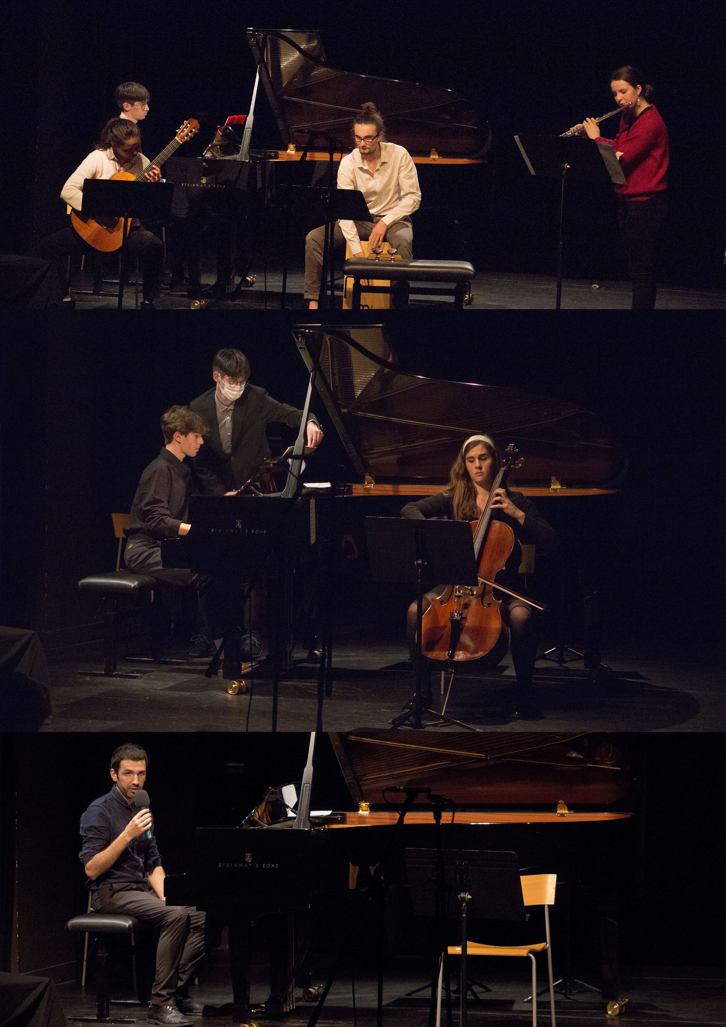 Plusieurs photos de musiciens sur scène lors d'un concert érudit à la Médiathèque en 2021